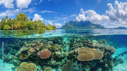 Fototapeta Naklejka Na Ścianę i Meble -  A panoramic view of a tropical island with a split-level perspective showcasing both the lush green foliage above and the vibrant coral reef below the waterline.