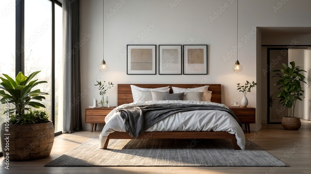 Fototapeta premium Serene Minimalist Bedroom - Cozy Interior Design, White Walls, Natural Light, Simple Decor, Bedside Table