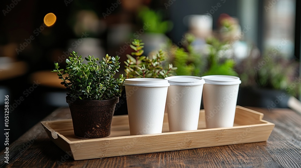 Three Coffee Cups on Wooden Tray Three Coffee Cups on Wooden Tray