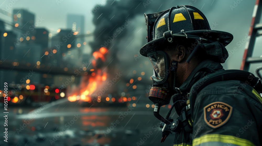 firefighter in protective gear stands ready amidst cityscape, with smoke and flames in background, showcasing bravery and determination in challenging environment