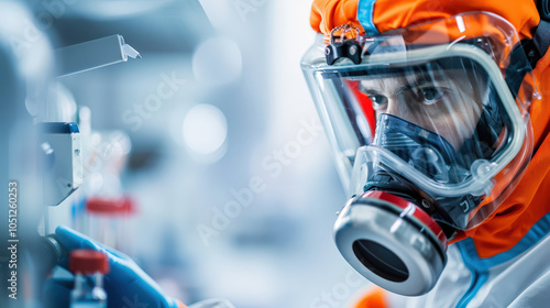 scientist in protective suit and mask works in laboratory, focusing intently on specialized equipment. environment is sterile and high tech, ensuring safety and precision