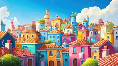 A vibrant, bright anime rooftop scene filled with colorful cityscapes, whimsical elements, and a clear sky, perfect for a lively background illustration.