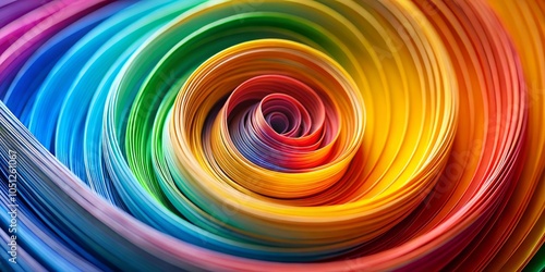 Colorful Spiral of Paper with a Rainbow of Colors in Long Exposure, Capturing Dynamic Movement and Vibrant Hues for Artistic and Creative Imagery