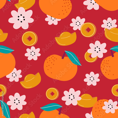 Mandarin oranges and plum blossoms. Seamless pattern elements for Chinese New Year. Traditional Chinese coins and Yuanbao on red background. Colourful backdrop.