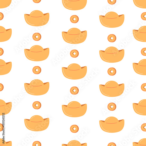 Traditional Chinese coins and Yuanbao on white background. Seamless pattern elements for Chinese New Year. Symbol of wealth and prosperity.