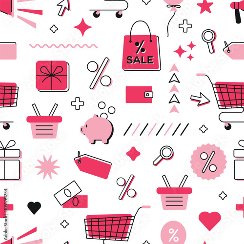 Shopping Sale Seamless Pattern. Red and pink Elements on white Background. Wallpaper with Gift Box, Tag, Bags, Megaphone and Percentage.