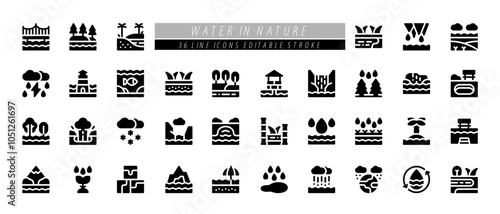36 Water in Nature Line Icons Set Pack Editable Stroke Vector Illustration.