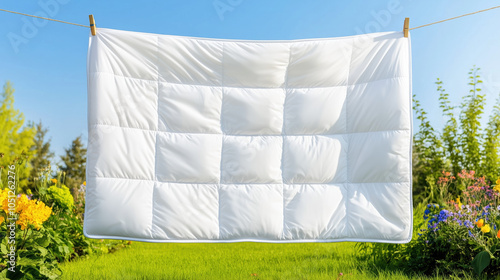 Fresh Boho Garden with White Goose Down Duvet on Clothesline, Quilted Fabric Glowing Under the Sun with Colorful Flowers