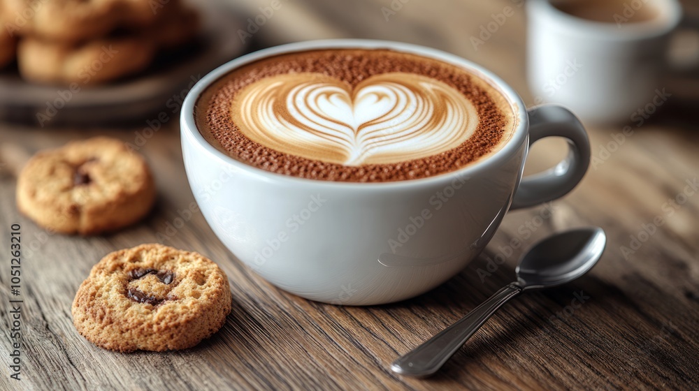 Cup of Latte Art with Cookies on a Wooden Table Cup of Latte Art with Cookies on a Wooden Table