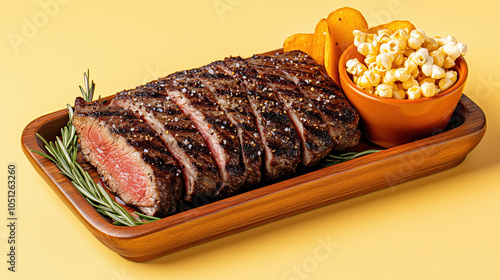 Succulent Medium Rare Ribeye Slices Served on Rectangular Wooden Plate with Rosemary Garnish, Studio Sun Lighting, Tilted View photo