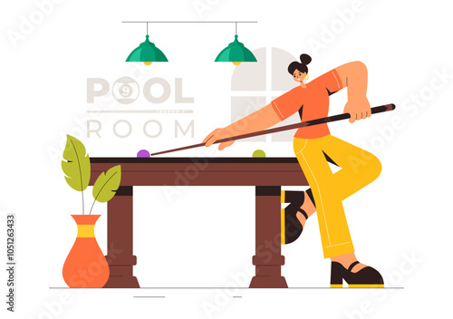 Billiards Game Vector Illustration featuring a Player in a Pool Room Holding a Cue Stick, with a Billiard Table and Balls in a Sports Club