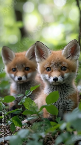 Two red fox cubs relaxing in the forest