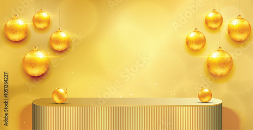 Christmas luxury podium 3D cylinder gold with decoration. Elegant pedestals for presentation products display, fashion showcase, banner cosmetic or promote christmas marketing and online shopping
