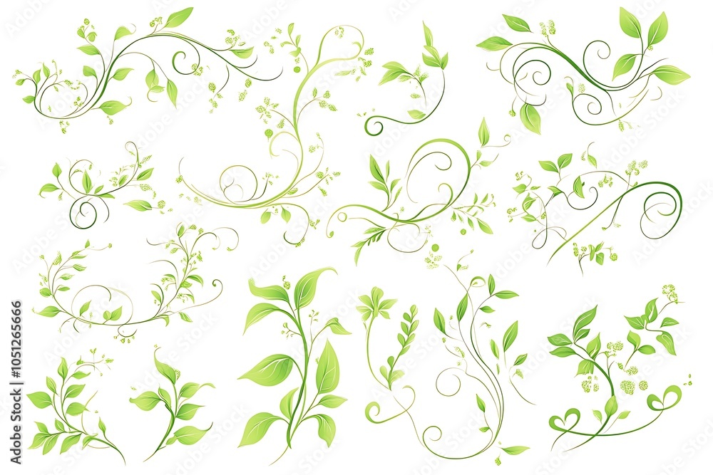Decorative floral elements with green leaves. Vertical, horizontal,angle. Decorative floral elements with green leaves. Vertical, horizontal,angle.