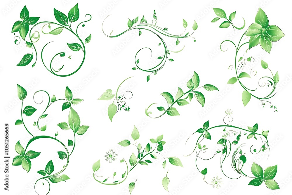 Decorative floral elements with green leaves. Vertical, horizontal,angle. Decorative floral elements with green leaves. Vertical, horizontal,angle.