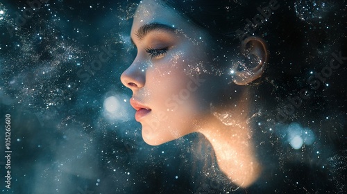 Dreamy Portrait of a Woman with Cosmic Elements