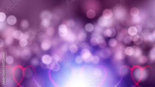 Glow violet glowing hearts streaks with bokeh shining copy space loop background.