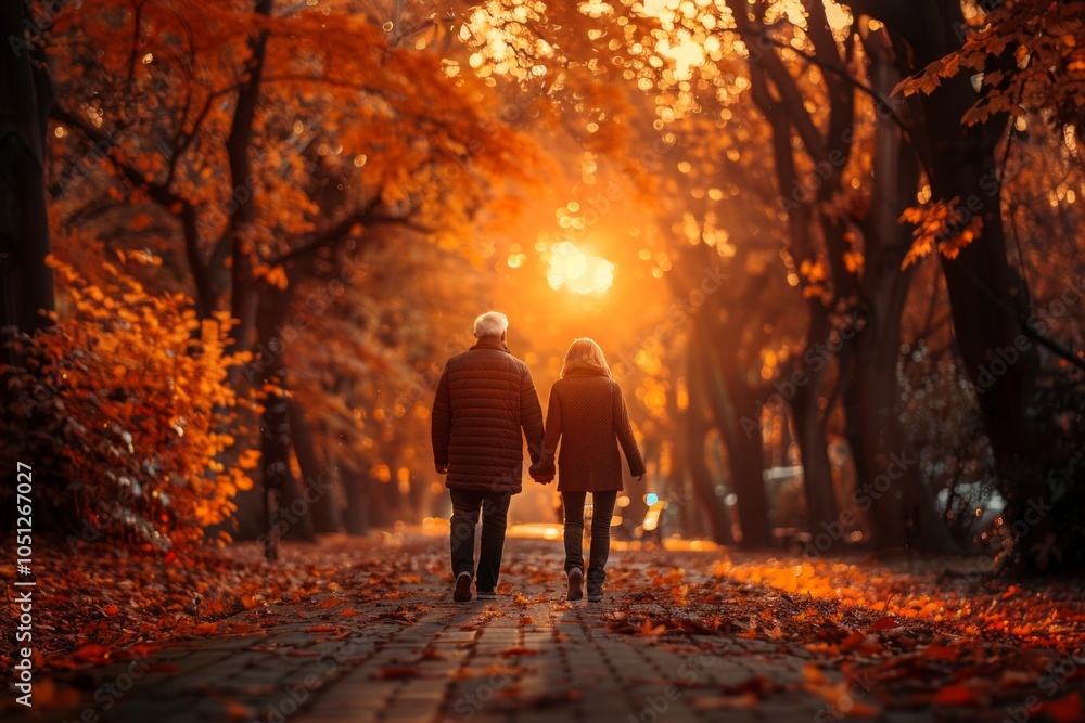 Couple walking through autumn forest, leaves on the ground, warm sunset glow. AI generative. Couple walking through autumn forest, leaves on the ground, warm sunset glow. AI generative.