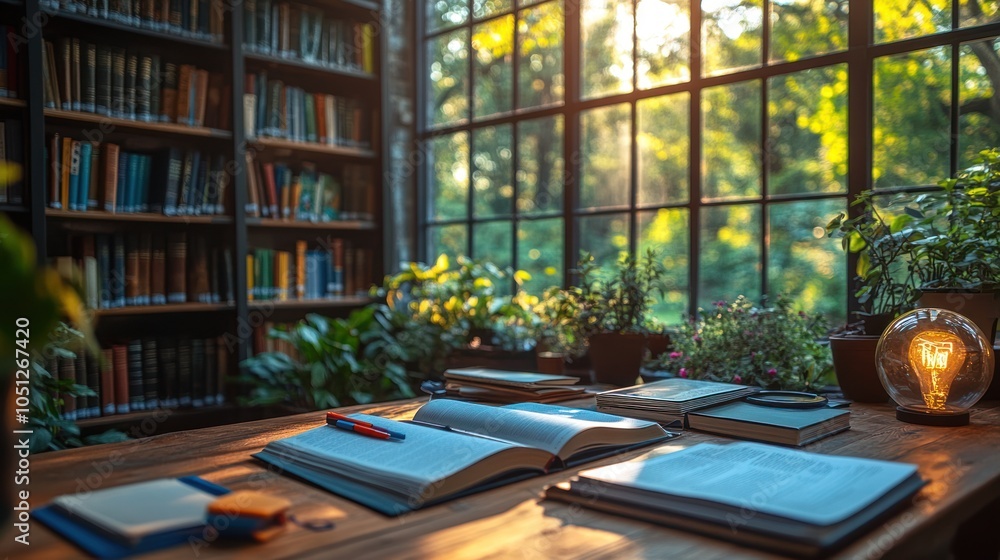 Open Book on Wooden Table in a Room with a Window View and Bookshelves Open Book on Wooden Table in a Room with a Window View and Bookshelves