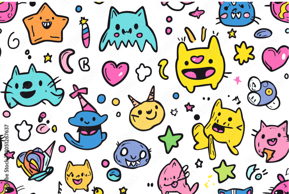 Naklejka premium cute bright childish doodle style seamless cartoon vector illustration wallpaper