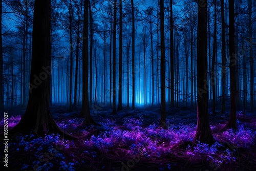 Wallpaper Mural A vast dark forest where the trees have neon blue and purple leaves, AI Generated Torontodigital.ca