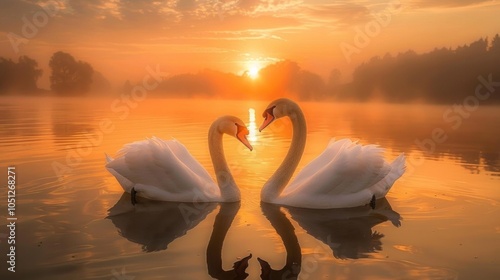 Fototapeta Naklejka Na Ścianę i Meble -  Two white swans facing each other on a lake with a sunset in the background and their reflections visible in the water. AI generative.