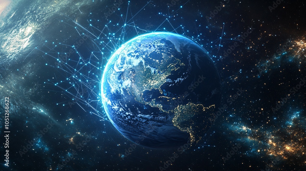 Fototapeta premium Earth Illuminated by Network Connections in the Cosmos
