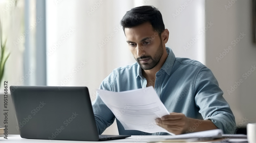 An man in casual attire is reading documents and using a laptop An man in casual attire is reading documents and using a laptop
