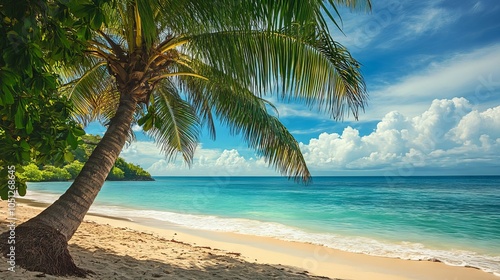 Fototapeta Naklejka Na Ścianę i Meble -  Scenic caribbean beach with palm trees and clear turquoise waters on jamaica island, perfect tropical destination for relaxation and adventure
