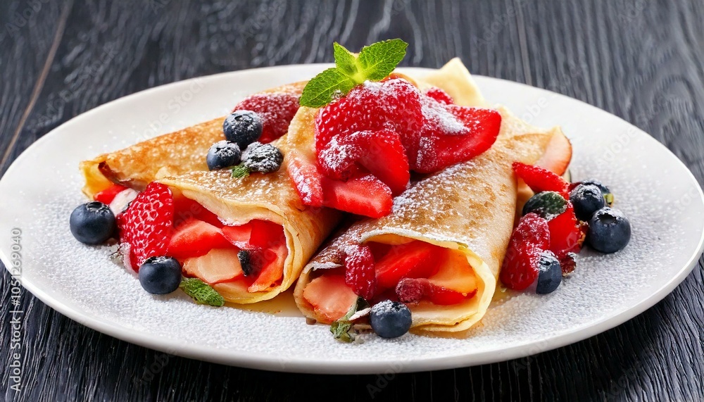 French-style thin crepes made from a delicate batter, filled with fresh strawberries, French-style thin crepes made from a delicate batter, filled with fresh strawberries,