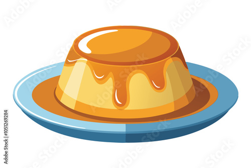 Vanilla Custard Pudding with Caramel Sauce Icon. Creamy Dessert Illustration on Plate, Vector Design.