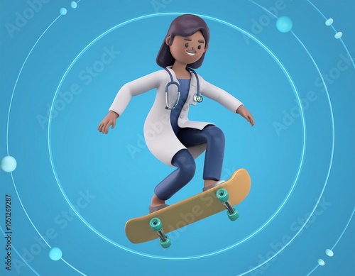3D doctor in a white coat skateboarding