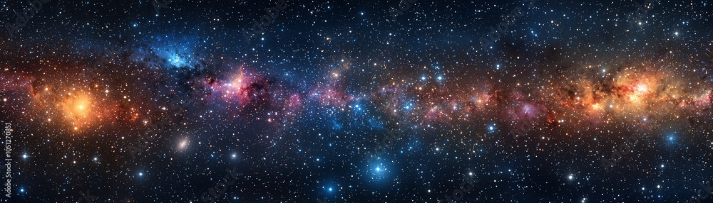Naklejka premium Stunning panoramic view of a vibrant galaxy filled with stars and cosmic colors, showcasing the beauty of outer space.