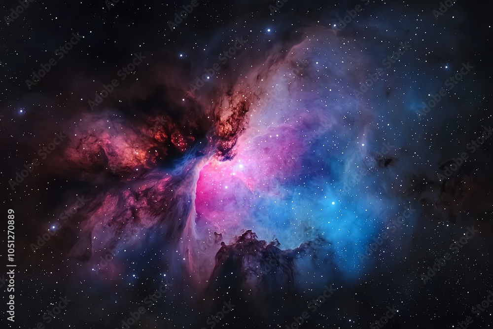 Obraz premium A stunning view of the Orion Nebula, showcasing vibrant colors and intricate gas clouds in the vastness of outer space.