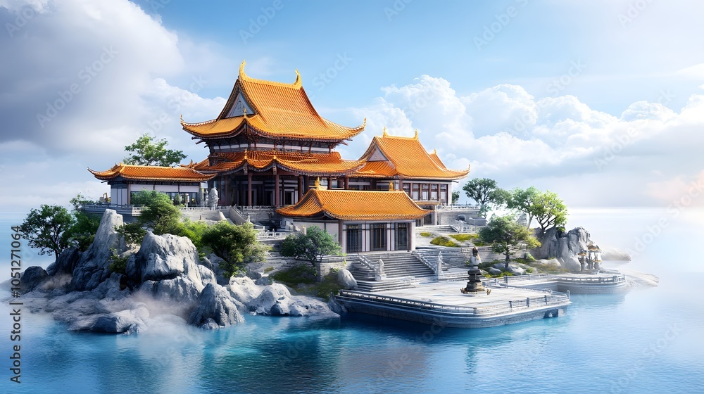 Obraz premium Serene island temple surrounded by water