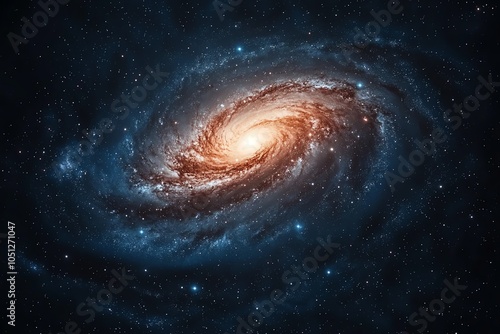 A stunning view of a spiral galaxy against a starry backdrop, showcasing vibrant colors and celestial beauty. photo