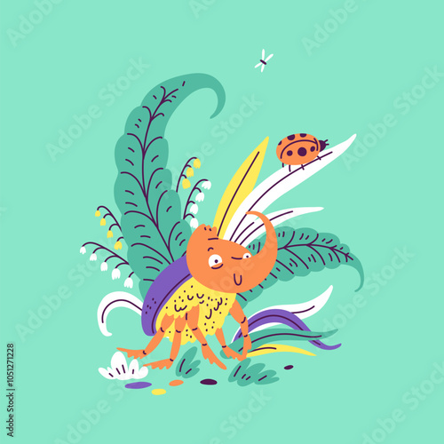 Vector illustration of a horned rhinoceros beetle with a smile on a background of leaves