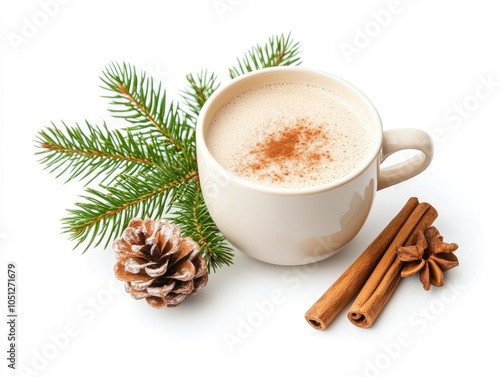 A cozy winter scene featuring a cup of frothy coffee, adorned with spices, a pine cone, and evergreen branches.