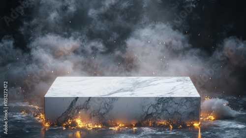 Hypersmooth marble podium surrounded by smoke and embers photo