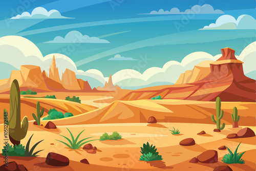 Daytime cartoon flat style desert landscape.
