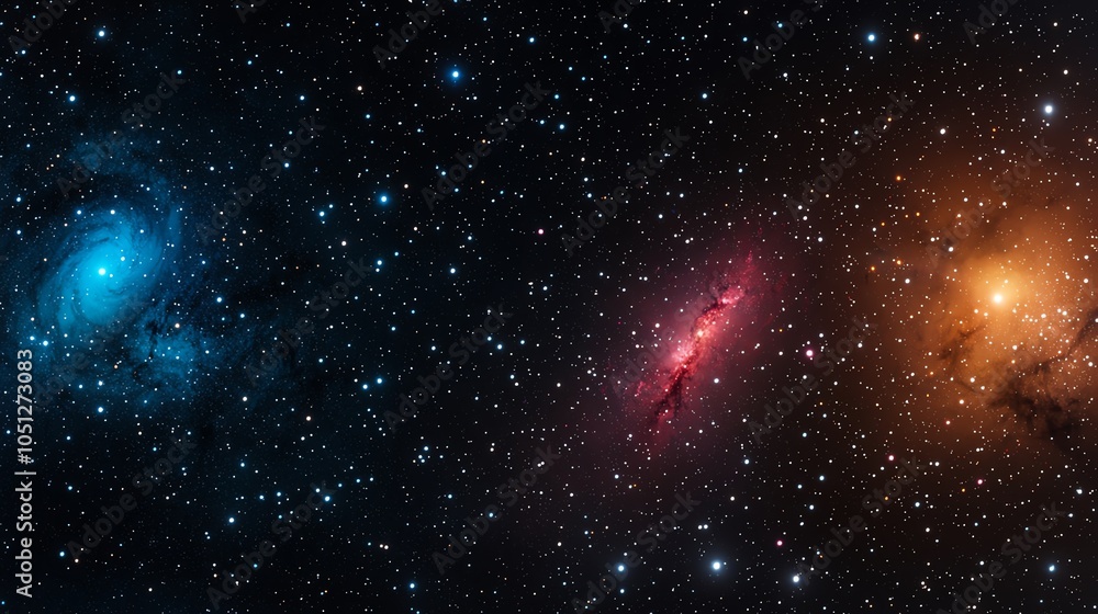 Fototapeta premium A stunning view of deep space featuring vibrant nebulae in blue, red, and orange amidst a backdrop of countless stars.