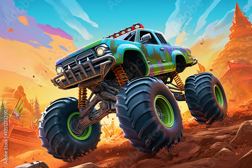 Illustrations of Milo's Monster Truck Rally with Animated Monster Trucks Performing Stunts in a Vibrant Arena – Generative AI