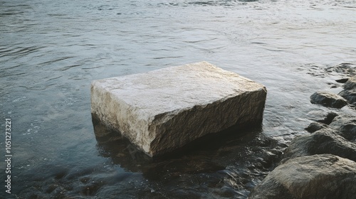 Hypersmooth stone podium partially submerged in a river photo