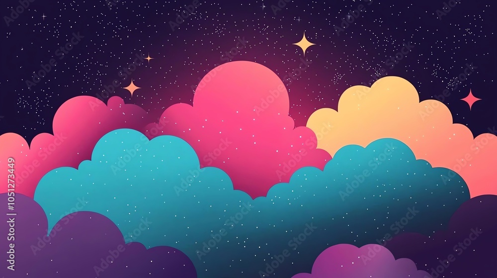 A vibrant and colorful abstract representation of clouds under a starry night sky, blending shades of blue, pink, and purple. A vibrant and colorful abstract representation of clouds under a starry night sky, blending shades of blue, pink, and purple.