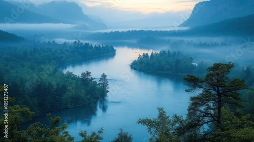 Serene River Winding Through Misty Mountains