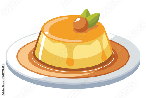 Vanilla Custard Pudding with Caramel Sauce Icon. Creamy Dessert Illustration on Plate, Vector Design.