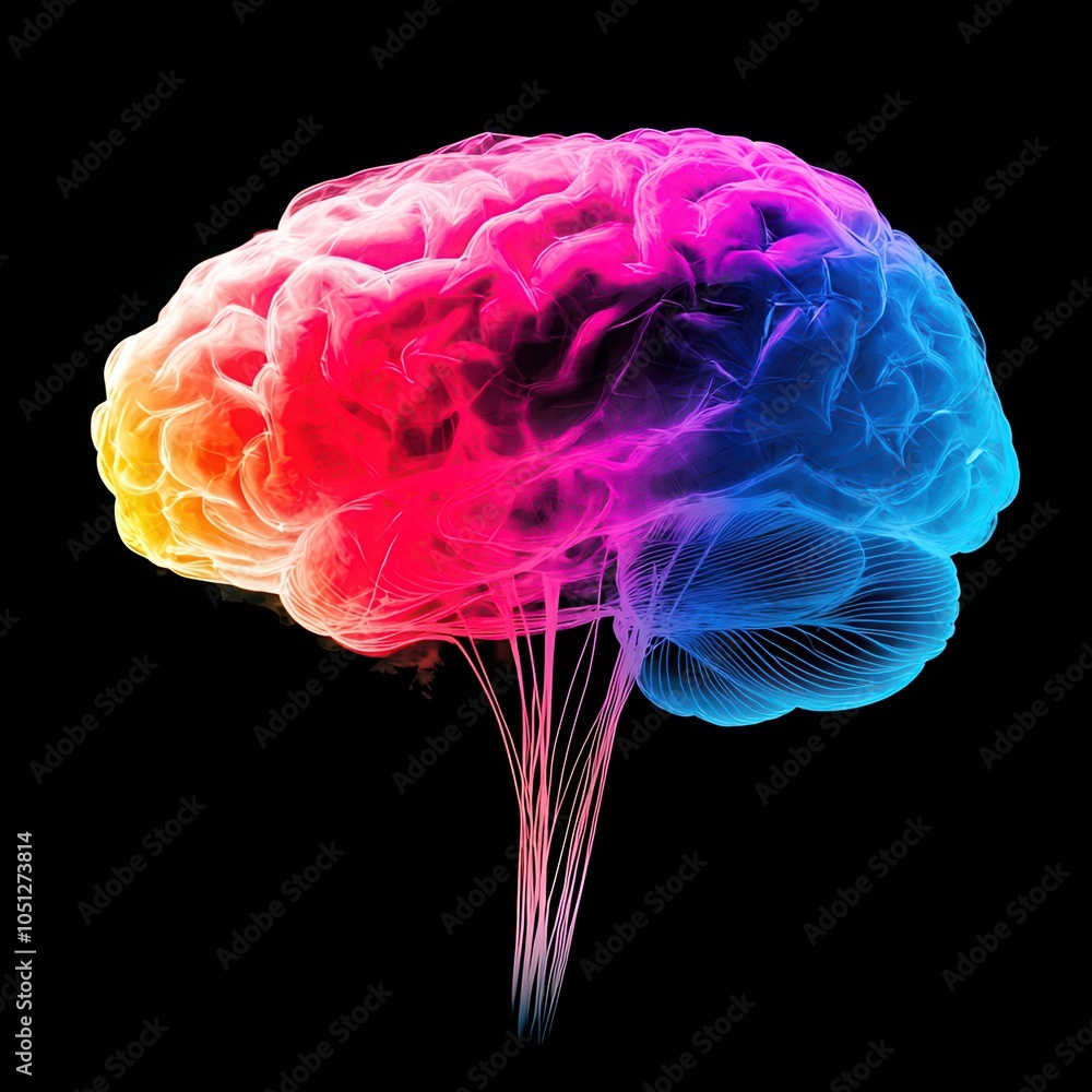 Colorful illustration of a brain with vibrant hues on a black background. Colorful illustration of a brain with vibrant hues on a black background.