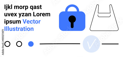 A blue lock symbolizes security alongside a shopping bag icon, circles, lines, and text. Ideal for security, e-commerce, technology, digital design, modernity. Banner for landing page