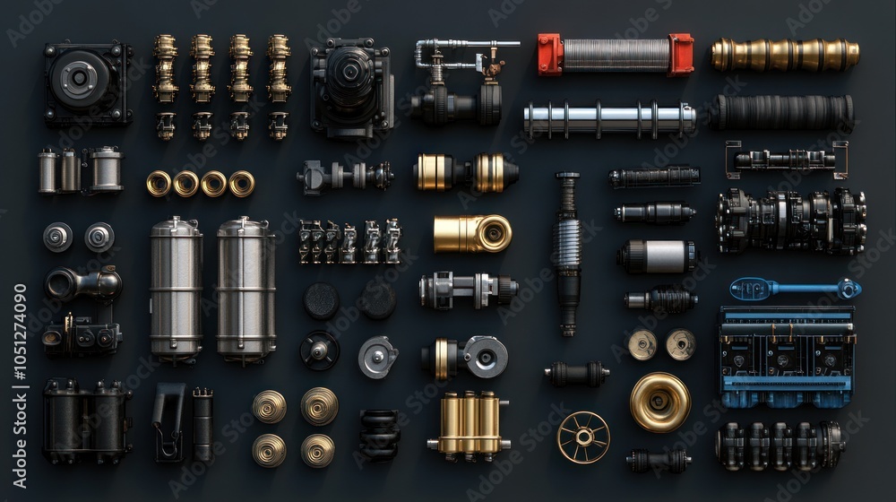 Engine Components Layout - Various engine parts arranged in a grid, perfect for an educational or industrial display, with high-definition detail on each component. Engine Components Layout - Various engine parts arranged in a grid, perfect for an educational or industrial display, with high-definition detail on each component.