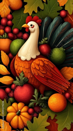 Colorful illustration of a turkey surrounded by autumn fruits and leaves on a vibrant background. photo